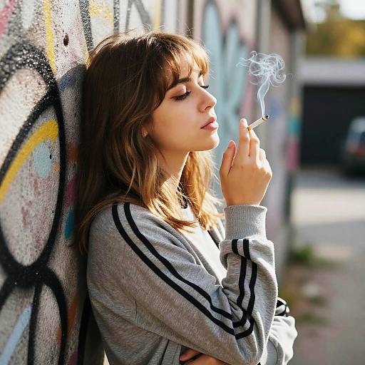 Photograph of a young woman with light brown hair, wearing a gray Adidas sweatshirt, smoking a cigarette, leaning against a graffiti-covered wall in a