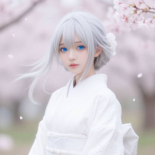 Digital anime-style portrait of a young girl with striking blue eyes, silver hair, and a white kimono, set against a blurred cherry blossom background.