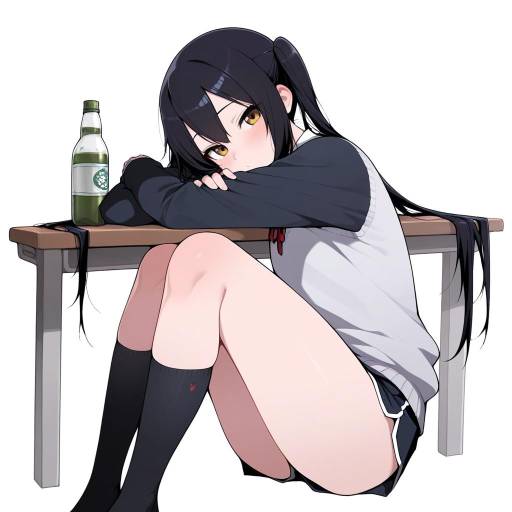 Anime Girl Sitting by Table with Bottle