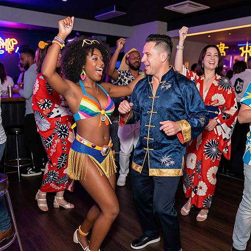 Photograph of a lively dance party: Black woman in colorful bikini and gold fringe skirt, dancing with white man in blue robe, surrounded by people in