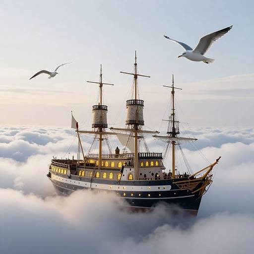 Photograph of a majestic, vintage sailing ship with three tall masts, surrounded by clouds, flying above the sky with two seagulls.