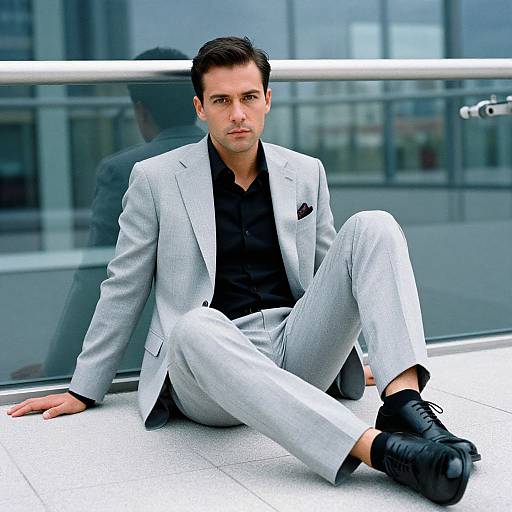 Photograph of a handsome, dark-haired man in a light gray suit, black shirt, and black shoes, sitting on a modern glass balcony.