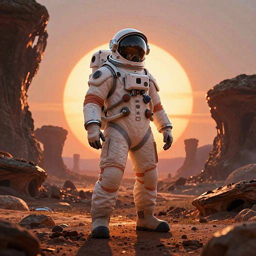 Photograph-like CGI of an astronaut in a white spacesuit standing on a rocky, desert-like planet, with a bright orange sun in the background.