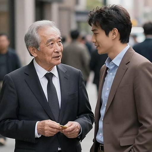 Older and Younger Man Talking on City Sidewalk