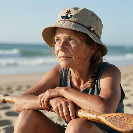 Photograph of an elderly woman with weathered skin, braided hair, wearing a beige hat and sleeveless shirt, sitting on a sandy beach holding