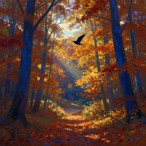 Digital painting of a vibrant autumn forest with tall trees, golden-orange leaves, sunlight filtering through, and a black bird in mid-flight.