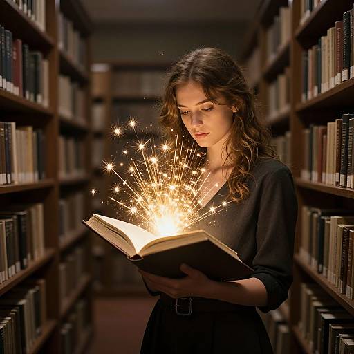 Photograph of a young woman with wavy brown hair, wearing a black dress, reading an open book in a library, with sparkling light emanating