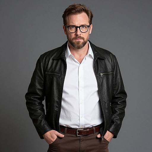 Photograph of a bearded white man with glasses, black leather jacket, white shirt, brown pants, and hands in pockets, against a gray background