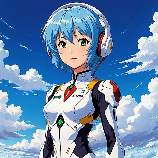 Digital anime-style artwork of a blue-haired girl with green eyes wearing a white and black futuristic bodysuit, headphones, and standing against a bright blue