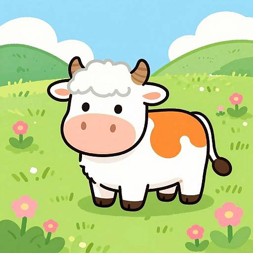 Cheerful Cartoon Cow in Colorful Pasture