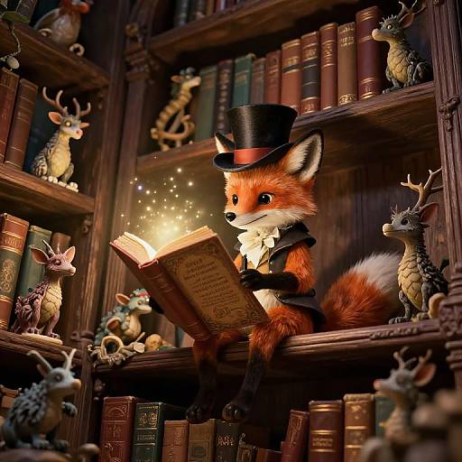 Photorealistic digital art: anthropomorphic fox in top hat, black vest, and bow tie reading enchanted book, surrounded by fantasy creatures on wooden book