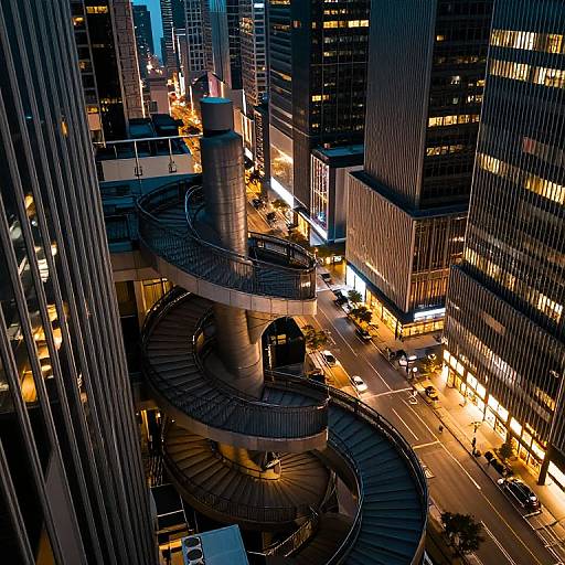 Aerial nighttime photograph of a bustling urban cityscape with towering skyscrapers, illuminated streets, a circular pedestrian bridge, and glowing lights.