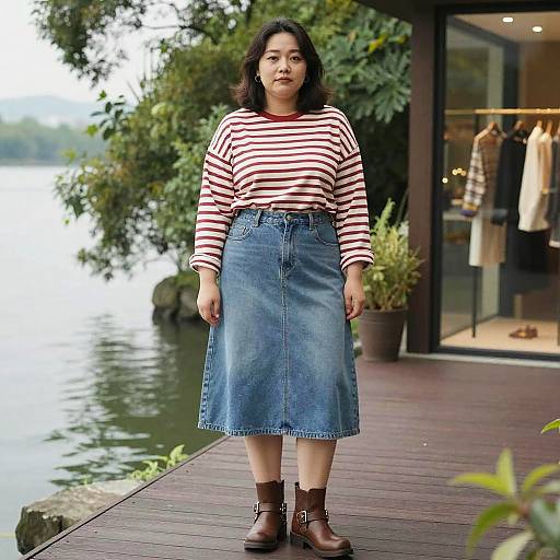 Photograph of an Asian woman with shoulder-length black hair, wearing a red-and-white striped long-sleeve shirt, blue denim skirt, brown ankle