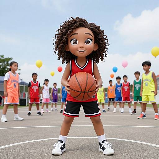 Colorful Kids Playing Basketball Outdoors