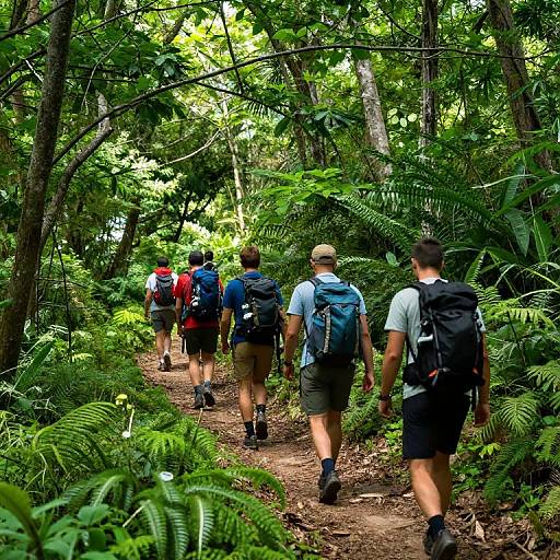 Photograph of five hikers, wearing backpacks and casual hiking clothes, walking along a narrow, dirt forest trail lined with lush green ferns and
