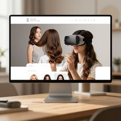 Photograph of a computer screen showing two women with long brown hair, one in a white tank top wearing a VR headset, interacting with the other in
