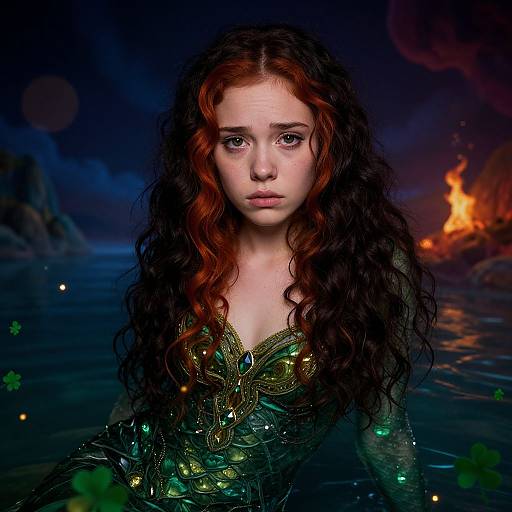 Digital artwork of a young woman with long, wavy red hair, wearing a green, gem-embellished dress, standing in a dark,