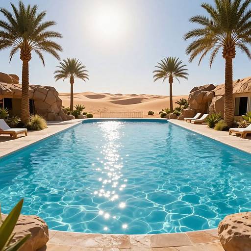 Photograph of a sunlit desert pool with crystal-clear blue water, surrounded by palm trees, rock formations, and sunbeds.