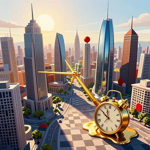 Digital illustration of a cityscape with skyscrapers, a giant golden alarm clock, and clock hands piercing through the buildings, under a bright sunset sky