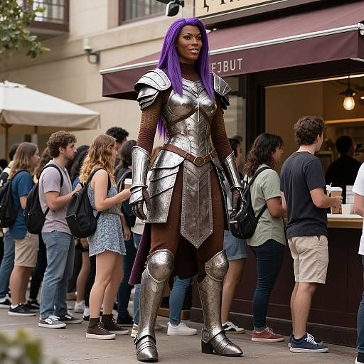 Tall Amazon Woman in Medieval Armor with Purple Hair