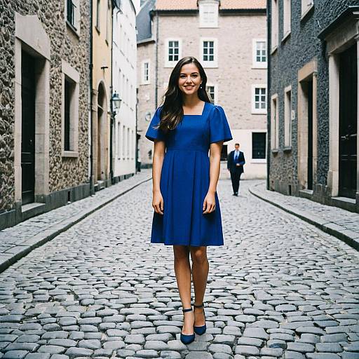 Photograph of a smiling woman in a blue dress and matching heels standing on a cobblestone street in a narrow, medieval European alleyway with stone