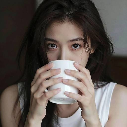 Close-up photograph of an Asian woman with long black hair, wearing a white sleeveless top, drinking from a white cup, her intense eyes looking directly