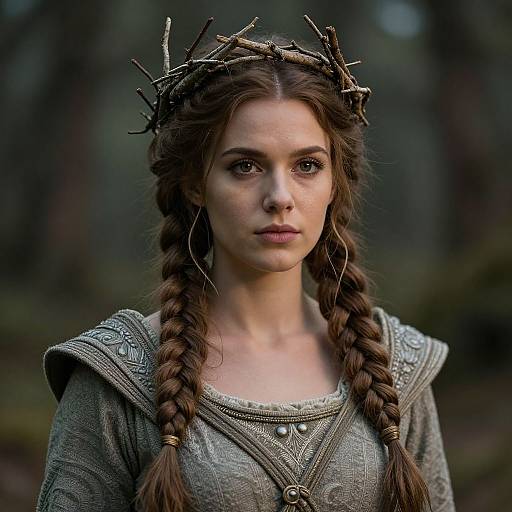 Photograph of a young woman with brown braids, wearing a crown of twigs, medieval-style grey dress, standing in a forest.