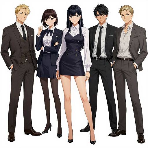 Anime-style digital illustration of five stylishly dressed individuals, four men and one woman, in black suits and formal wear, standing together.