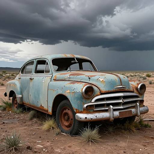 Rustic, blue-patinated vintage car with round headlights, abandoned in arid desert under dramatic, stormy sky; overgrown with grass