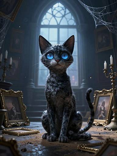 Digital art of a glowing blue-eyed, gray tabby cat with large ears, sitting in a dark, spooky room with spider webs, framed portraits,