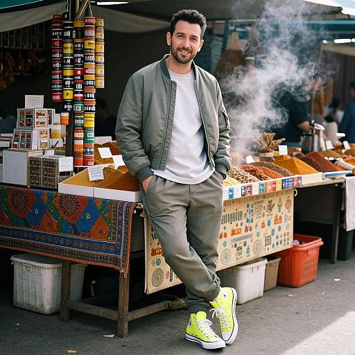 Photograph of a bearded man with dark hair, wearing a green jacket, white t-shirt, olive pants, and neon-yellow sneakers, leaning against