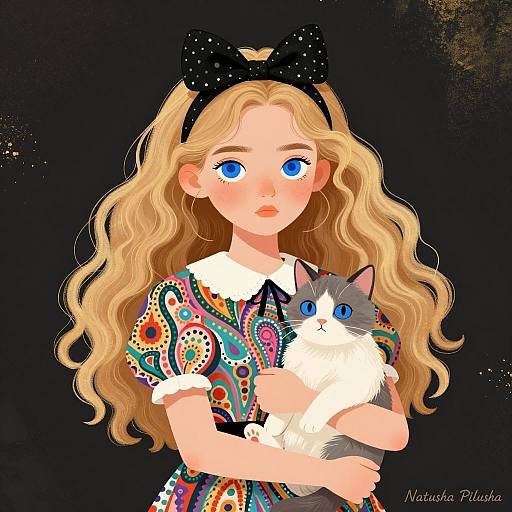 Serious Girl with Cat in Patterns