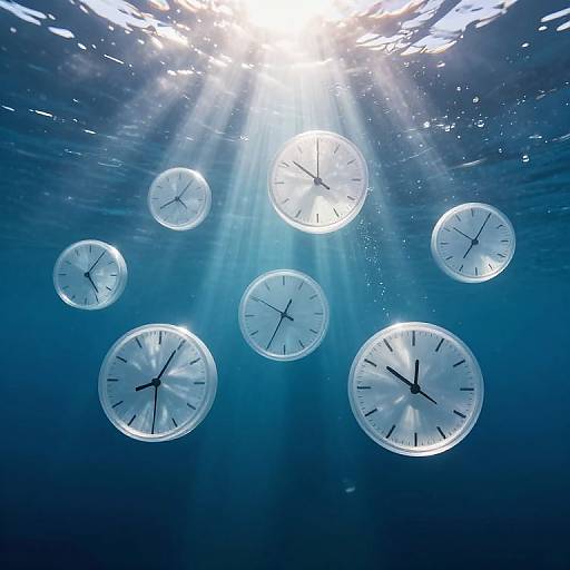 Photograph of seven floating clock faces underwater, illuminated by sunlight rays from above, creating a surreal, time-bending effect.