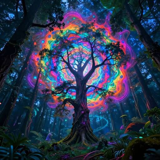 Digital art of a glowing, colorful tree at the center of a dark, dense forest, with vibrant, swirling neon lights surrounding it.