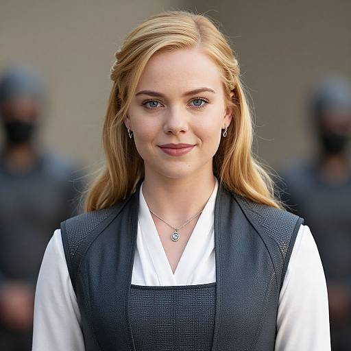 Photograph of a blonde woman with fair skin and blue eyes, wearing a white blouse and black textured vest, smiling subtly, with blurred security guards in
