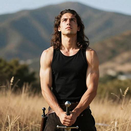 Determined Warrior in Mountain Landscape