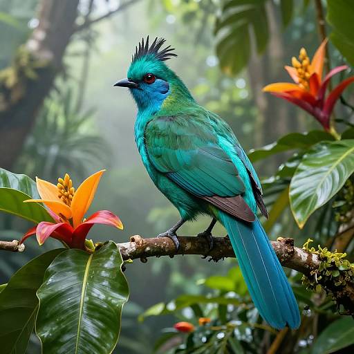 Photograph of a vibrant blue and green bird with black crest perched on a branch amidst lush green foliage and bright orange flowers in a misty jungle