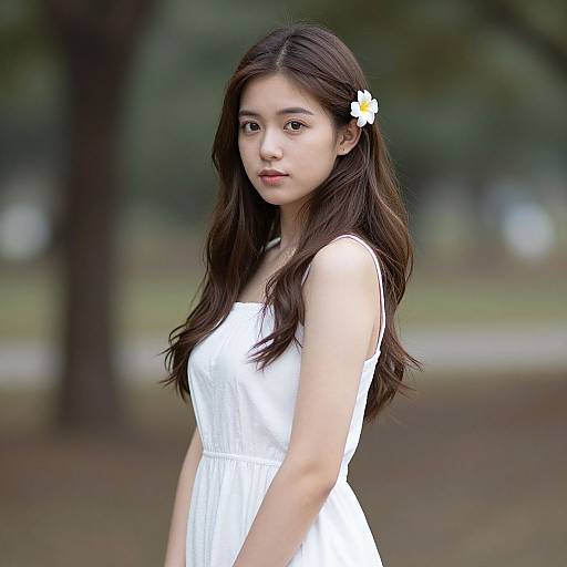 Photograph of a young Asian woman with long, dark brown hair, wearing a white sleeveless dress and a white daisy hairpin, standing in