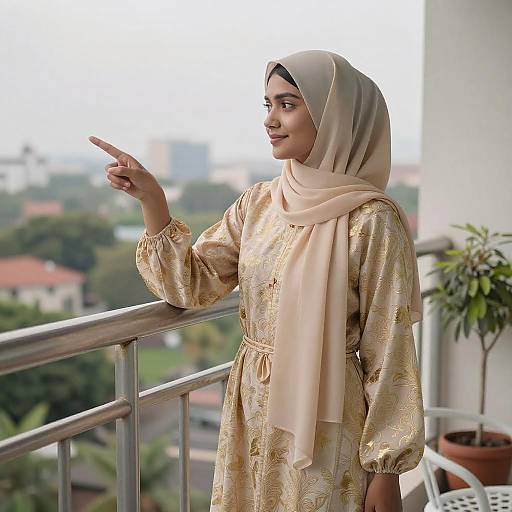 Photograph of a young Southeast Asian woman in a beige hijab and gold-embroidered dress, pointing outside on a balcony with a cityscape