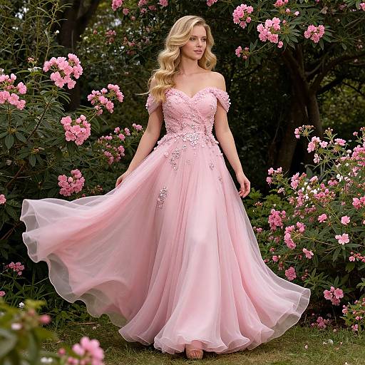 Blonde woman in an off-shoulder, pink floral ball gown, standing in a lush garden with pink roses, smiling gracefully. Photograph.