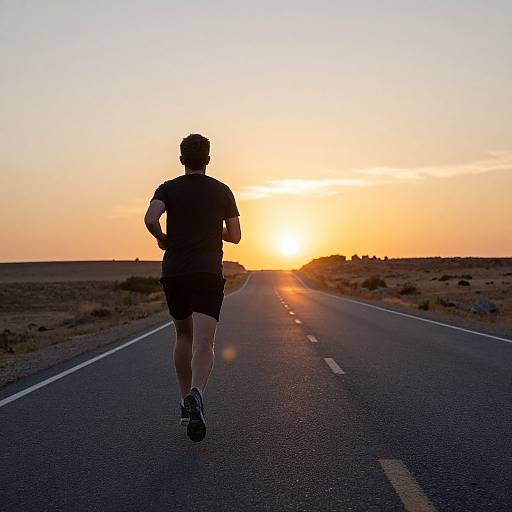 Photograph of a silhouetted runner in black sports attire jogging on a deserted road at sunset, with a bright orange sky and clear horizon in