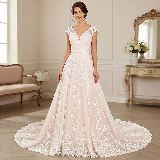 Photograph of a smiling brunette woman in a white lace, V-neck, sleeveless wedding gown with a long train, standing in a elegant, sun