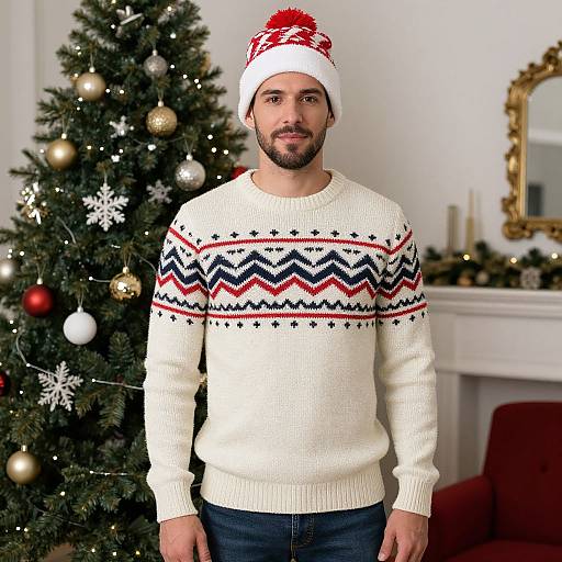 Photograph of a bearded man in a white Christmas sweater with red, black, and white zigzag patterns, wearing a red and white Santa hat