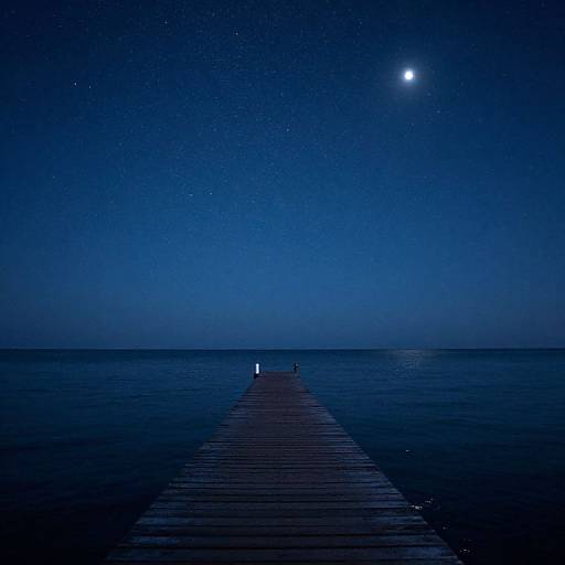 Photograph of a wooden pier extending into a dark blue, star-filled night sky with a bright moon overhead. Minimalistic, serene.