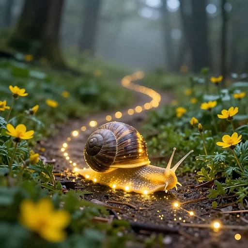 Photograph of a glowing snail with illuminated trail of fireflies, surrounded by yellow flowers and green foliage in a misty forest.