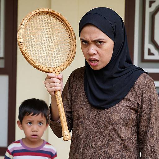 Photograph of a serious Muslim woman in a black hijab holding a woven racket, with a surprised young boy in striped shirt in the background.