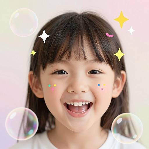 Photograph of a smiling Asian girl with black hair, colorful sparkles on her cheeks, bubbles around her, and a white background.