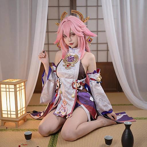 Serene Pink-Haired Anime Girl on Tatami