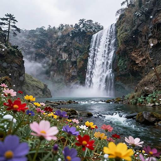 Snowy Waterfall with Wildflowers