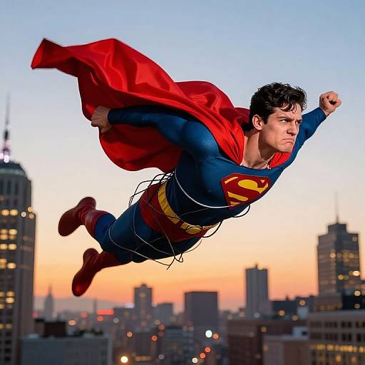 Photograph of Superman flying over a cityscape at sunset, wearing his iconic blue suit, red cape, and yellow 